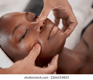 Black woman, relax massage and facial spa treatment of a young female face with serum. Skincare, beauty and wellness clinic with client feeling calm and zen from dermatology or cosmetic chemical peel - Powered by Shutterstock