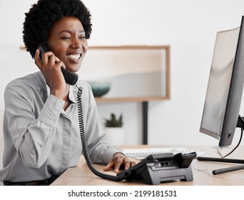 Black Woman Secretary On Business Telephone Call Working And In Communication Calling Clients. African Lady Or Girl Receptionist Speaking With Office Management Person On Corporate Company Call