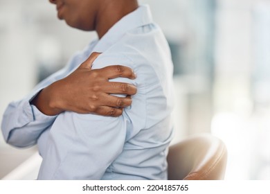 Black Woman, Shoulder Pain And Office Injury From Stress, Burnout And Target Pressure. Zoom On Hand, Business Worker Or Employee Worried About Muscle Pressure From Furniture Chair And Working Posture