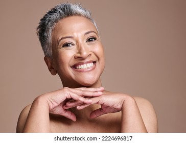 Black Woman, Skincare And Face Of Senior Advertising Cosmetics, Makeup And Dermatology Facial Product Mockup With A Smile. Face Portrait Of A Mature Model Happy About Self Care, Wellness And Skin