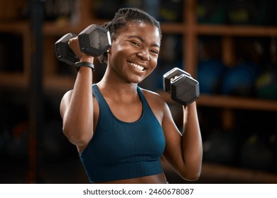 Black woman, smile and portrait with dumbbell for fitness muscle, wellness or body health challenge. Face, strong or bodybuilder weightlifting for exercise, workout or power for energy in sport club - Powered by Shutterstock