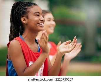 Black Woman, Sports Cheerleader And Applause For Team In Support, Motivation Or Positive Attitude In The Outdoors. African American Female Clapping In Sport Activity, Motivate And Encouragement