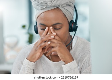 Black Woman Stress, Call Center Consultant In Office Closeup While Working At Customer Support Hotline. Customer Service Woman, Anxiety Burnout With Mental Health And Work Depression In Crm Workplace