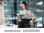 Black woman with tablet, erp overlay and charts, innovation in research and programming for future app technology. Futuristic network, analytics and developer for startup business website IT software