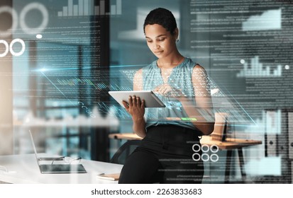 Black woman with tablet, erp overlay and charts, innovation in research and programming for future app technology. Futuristic network, analytics and developer for startup business website IT software - Powered by Shutterstock