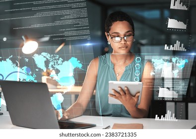 Black woman with tablet, laptop and data overlay for erp innovation, research and programming in future technology. Futuristic global analytics, it software and developer for startup business website
