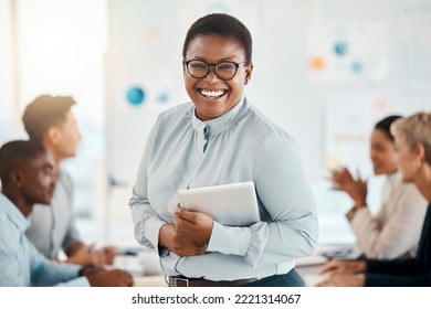 Black Woman With Tablet, Leader And Business Meeting With Corporate Presentation Portrait, Speaker And Leadership Of Team. Presenter In Conference Room, Professional And Tech, Diversity In Workplace.