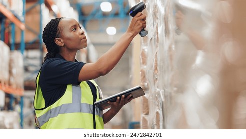 Black woman, tablet and scanner for logistics in warehouse, quality control for supply chain. Inspection, depot and stock take for shipping pricing, online distribution and checklist for orders