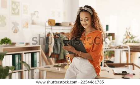 Black woman, tablet and small business in ecommerce, fashion or logistics in remote startup at home. African American female owner working on touchscreen technology in clothing store success Stockfoto © 