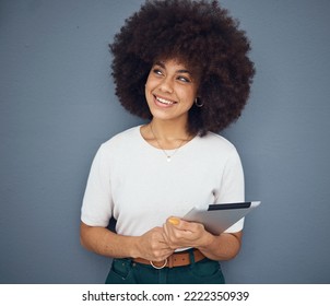 Black Woman , Tablet Thinking And Studio Background For Digital Marketing On Internet App. Young African Woman, Happy Mobile Tech And Daydream Vision For Idea At Business, Advertising Or Startup