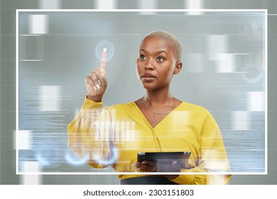 Black woman, tablet and touching futuristic screen for digital innovation, planning or data overlay. African female person or employee working on future touch technology, hud or dashboard display - Powered by Shutterstock