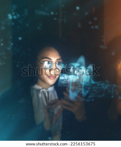 Black woman, tech overlay and global business on phone at night for research and cybersecurity. Iot future 3d hologram in workplace for person networking and cloud computing big data mockup space