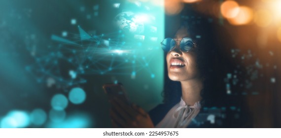 Black woman, technology overlay and phone in office for fintech, data analytics or digital job in night. Cybersecurity expert, research or happy in dark for 3d hologram abstract in programming code - Powered by Shutterstock