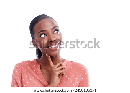 Black woman, thinking and inspiration for ideas and future, mockup space with mindfulness and solution on white background. Brainstorming, problem solving and insight with smile in studio for vision