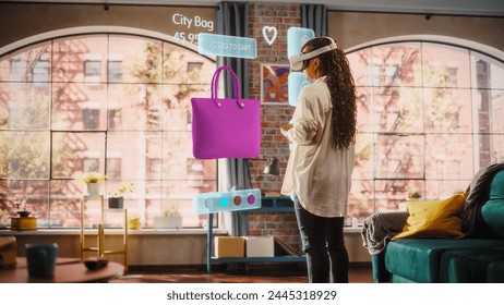 Black Woman Using Virtual Reality Headset for Online Shopping, Browsing through Cool Handbags items. Ordering from Mock-up Internet Store App for e-Commerce products. Augmented Reality Concept.