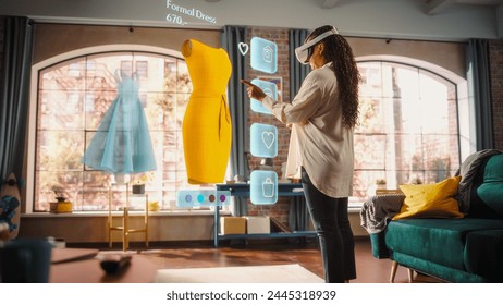 Black Woman Using Virtual Reality Headset for Online Shopping, Browsing through Stylish Dresses and Clothing items. Ordering from Mock-up Internet Store App for e-Commerce products. Augmented Reality - Powered by Shutterstock