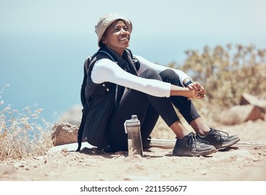 Black Woman, View And Hiking Break On Mountains, Countryside Environment And Remote Landscape In Namibia. Smile, Happy And Relax Fitness Hiker In Exercise, Training And Health Workout Rest In Nature