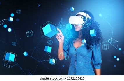 Black woman in vr glasses finger touch hologram with information fields, data blocks in cyberspace, virtual reality. Concept of blockchain and metaverse