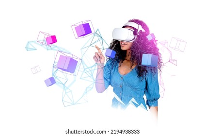 Black Woman In Vr Glasses Finger Touch Colorful Hologram With Information Fields, Data Blocks In Cyberspace On White Background. Concept Of Blockchain And Metaverse