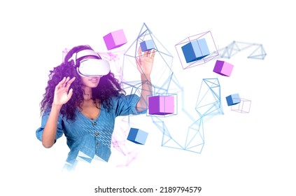 Black woman in vr glasses, hands touch digital hologram of information fields and blocks on white background. Concept of metaverse and virtual world