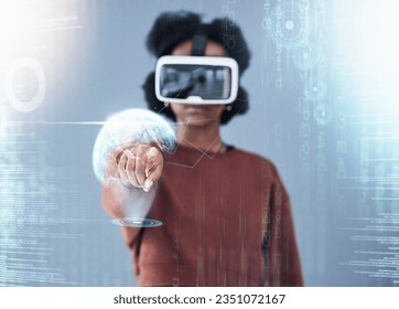 Black woman, VR and hand on hologram in global communication, interaction or UI and UX on overlay. African female person in virtual reality, futuristic dashboard or 3D innovation in double exposure
