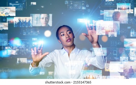 Black Woman Watching Holographic Screens Digital Stock Photo 2155147365 ...