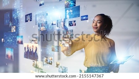 Black woman watching holographic screens. Digital contents.