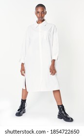 Black Woman Wearing Ankle Boots With A White Shirt Dress Mockup