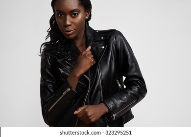 Black Woman Wearing Classic Biker Jacket