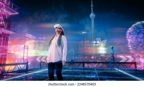 Black Woman Wearing Virtual Reality Headset Enters Metaverse. VR Transformation: Female Looking in Wonder around Immersive 3D Sci-fi City, Futuristic Online World with AI Robots, Users, Fun Adventures - Powered by Shutterstock