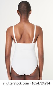 Black Woman In White One Piece Swimsuit Mockup Rearview