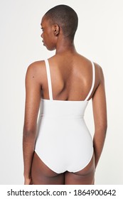 Black Woman In White One Piece Swimsuit Mockup Rearview