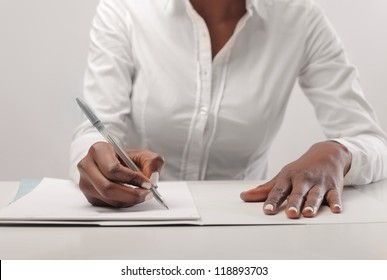 Black Woman, With A White Shirt, Writing