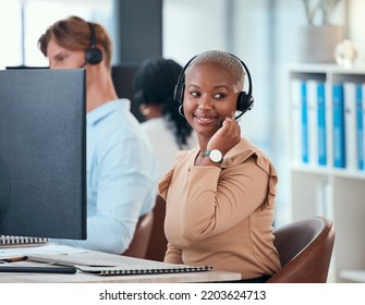 Black Woman Working In Call Center, Customer Service Or Online Help Desk Office On Conversation With Client Or Customer. Communication, Consulting And Telemarketing Consultant Giving A Sales Pitch