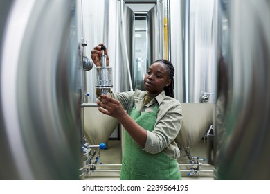 Black woman working at craft beer factory, checking brewing equipment - Powered by Shutterstock