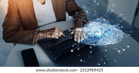 Black woman working in office and cloud computing concept. ICT (Information Communication Technology). Communication network. System engineering.