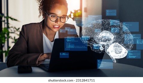 Black woman working in office and conversation AI concept. Deep learning. IoT (Internet of Things). ICT (Information Communication Technology).