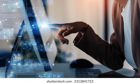 Black woman working in office and digital technology concept. ICT (Information Communication Technology). System engineering. GUI (Graphical User Interface). - Shutterstock ID 2312841723