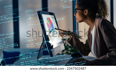 Black woman working in office and digital data concept. System engineering.