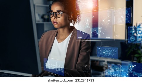 Black woman working in office and futuristic graphical user interface concept. ICT (Information Communication Technology). System engineering.
