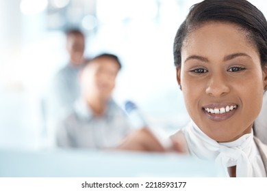 Black Woman, Writing And Idea Strategy On Whiteboard With Optimistic Manager In Business Office. Brainstorming, Development And Notes In Corporate Finance Company With Happy Girl Management.