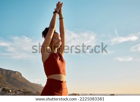Black woman, yoga pray hands and meditation wellness on beach. Happy zen girl, spiritual fitness breathing and  health for mindfulness reiki energy or relax pilates exercise workout in nature
