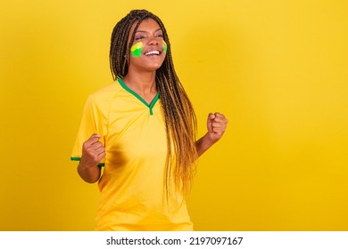 Black Woman Young Brazilian Soccer Fan. Screaming Yes, Victory. Soccer Brazil.