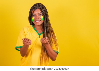 Black Woman Young Brazilian Soccer Fan. Calling With Your Hands. Inviting.