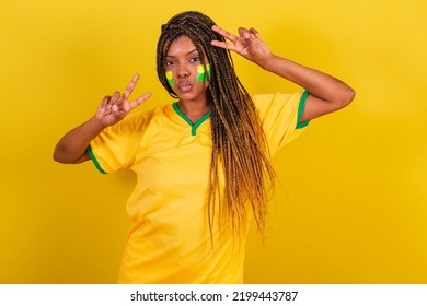 Black Woman Young Brazilian Soccer Fan. Posing For Selfie, Peace And Love. Brazil Soccer Team.