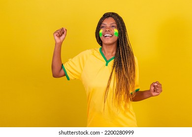 Black Woman Young Brazilian Soccer Fan. Cheering, Partying. Soccer Brazil.