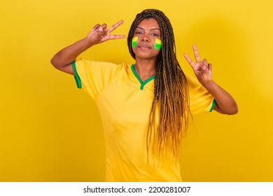Black Woman Young Brazilian Soccer Fan. Posing For Selfie, Peace And Love. Brazil Soccer Team.