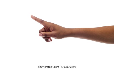 Black Woman's Hand Pointing Finger At Something, Isolated On White Studio Background. Copy Space, Panorama