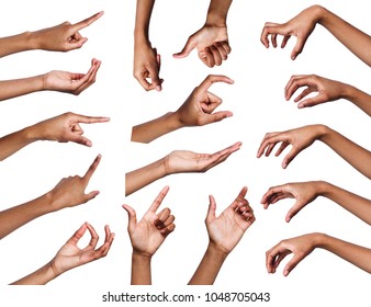 Black womans hands gestures and signs collection isolated on white background. Collage of multiple shots