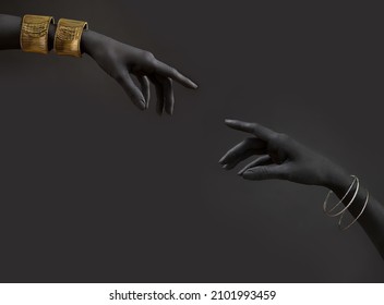 Black woman's hands with gold jewelry. Oriental Bracelets on a black painted hand. Gold and silver Jewelry and luxury accessories on black background closeup. High Fashion art concep - Shutterstock ID 2101993459